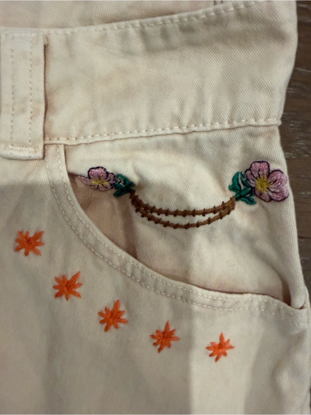 Agua Bendita Cream Bermuda Shorts with Pink & Green Floral Embroidery - Picture 5 of 16